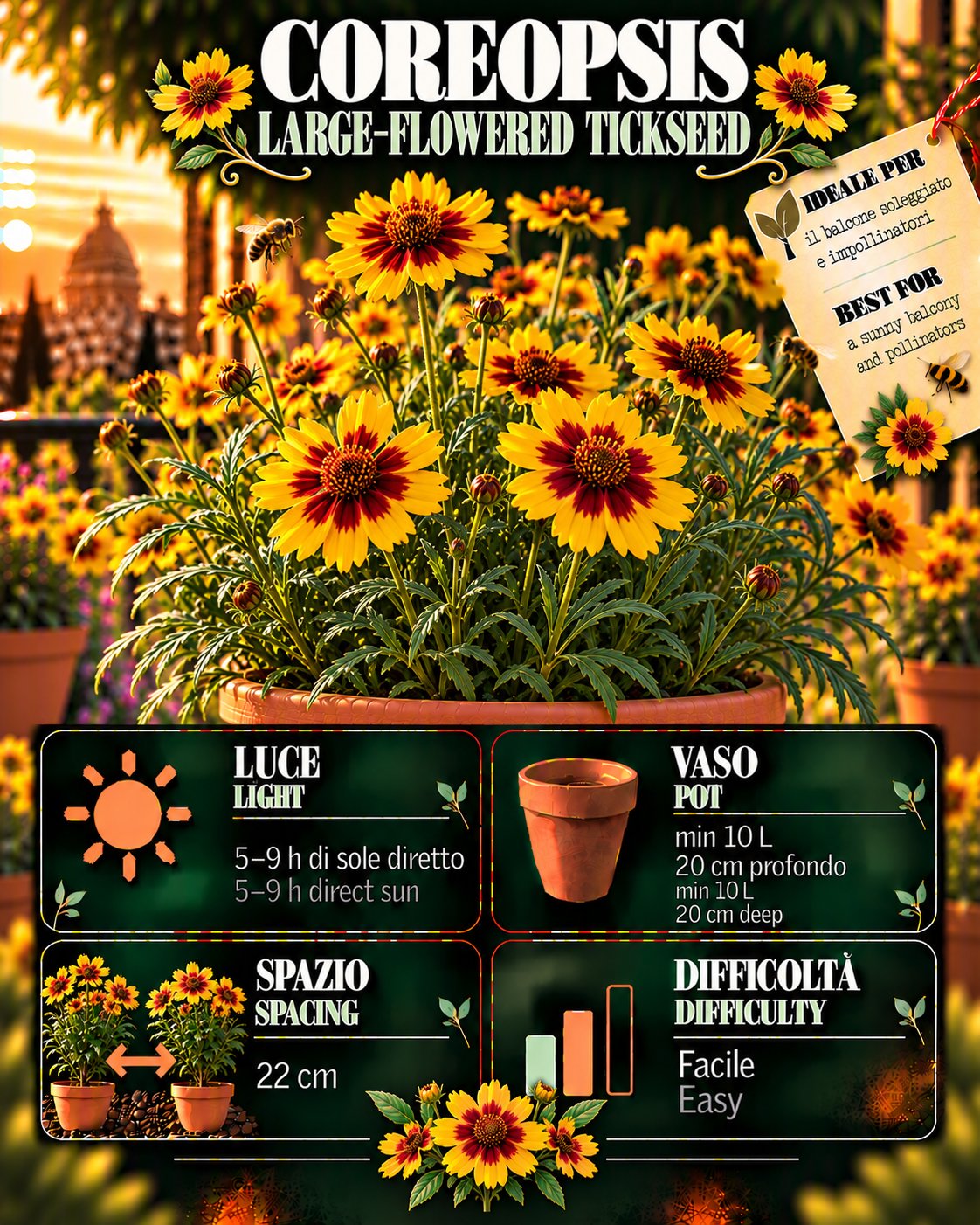 Scheda Coreopsis • Coreopsis profile: light, water, pot, harvest