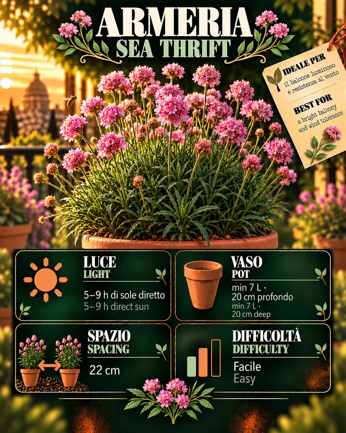 Scheda Armeria • Armeria profile: light, water, pot, harvest