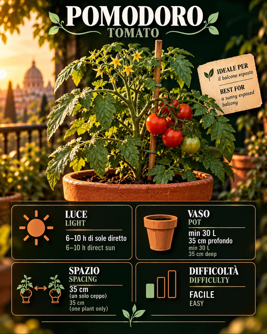 Scheda Pomodoro: luce, acqua, vaso, raccolta — Tomato profile: light, water, pot, harvest
