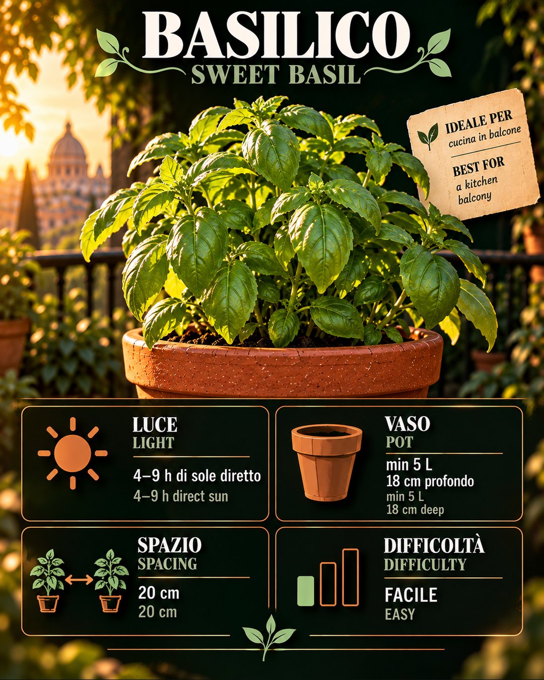 Scheda Basilico: dati reali per la coltura in vaso — Basil profile: real data for container growing