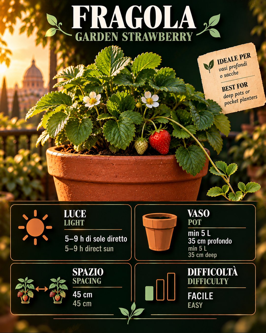 Scheda Fragola: dati reali per la coltura in vaso — Strawberry profile: real data for container growing