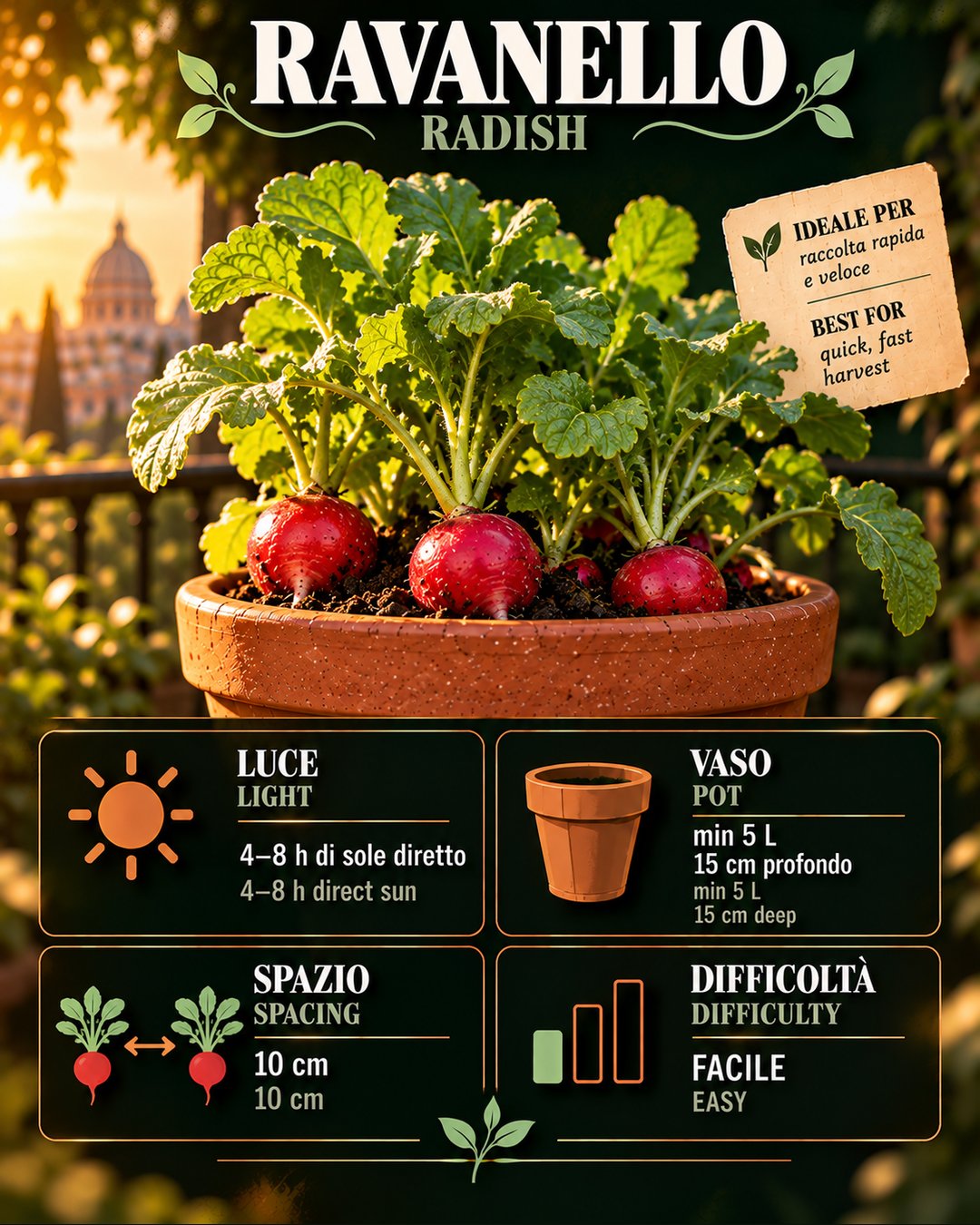 Scheda Ravanello: dati reali per la coltura in vaso — Radish profile: real data for container growing