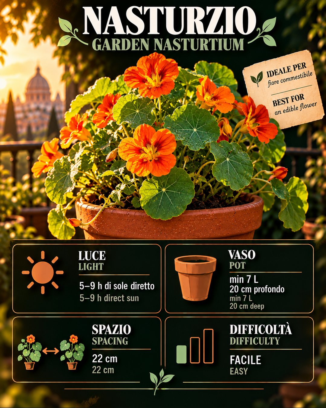 Scheda Nasturzio: dati reali per la coltura in vaso — Nasturtium profile: real data for container growing