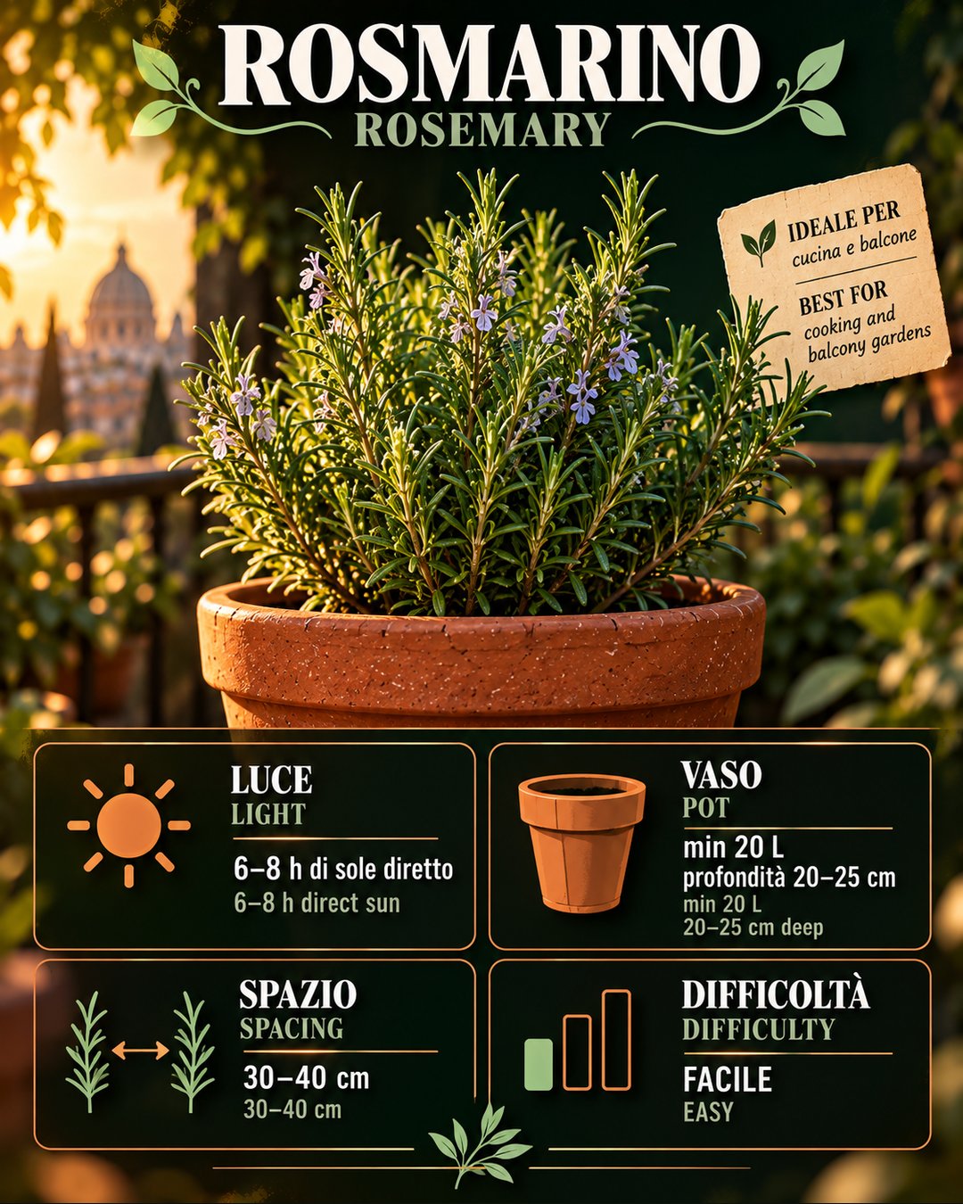 Scheda Rosmarino: dati reali per la coltura in vaso — Rosemary profile: real data for container growing